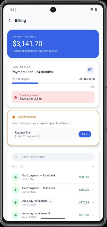Patient app — balance and payment plan