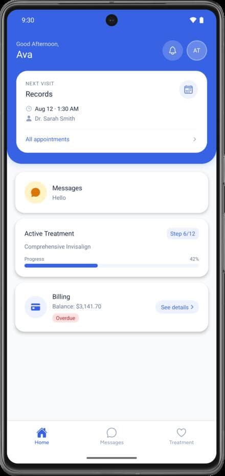 Patient app — next visit, treatment and balance